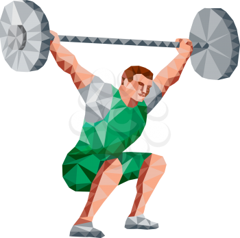 Low Polygon style illustration of a weightlifter lifting barbell facing side set on isolated white background. 