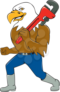 Illustration of an american bald eagle plumber standing walking smiling holding monkey wrench on shoulder viewed from side set on isolated white background done in cartoon style. 