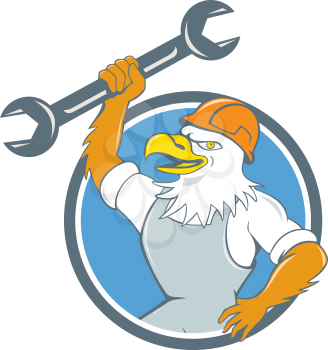 Illustration of a american bald eagle mechanic wearing hard hat smiling holding spanner viewed from side set inside circle done in cartoon style. 