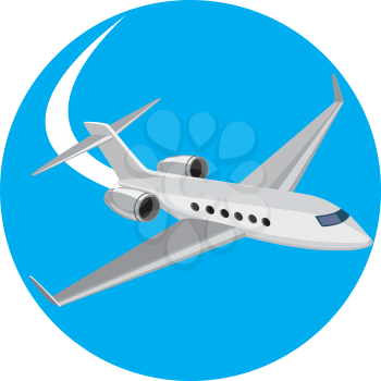 Illustration of a commercial light passenger airplane jet flying set inside circle on isolated background done in retro style. 
