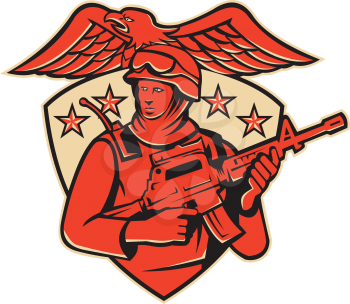 vector illustration of an american soldier swat policeman with m4 carbine rifle set inside shield with stars and eagle spreading wings.