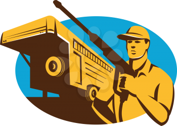 Illustration of a pressure washer cleaner worker holding a water blaster set inside oval with stock trailer in the background done in retro style.