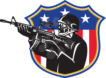 vector illustration of an american soldier swat policeman with m4 carbine rifle set inside shield with stars and stripes.