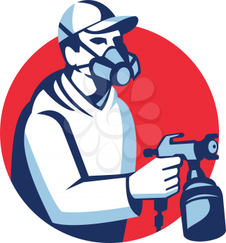 Illustration of a spray painter spraying spray gun viewed from side set inside circle done in retro style.