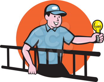 Illustration of an electrician worker carrying ladder on one hand and holding a light bulb in the other hand facing side set inside circle on isolated background done in cartoon style.
