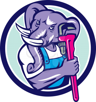Illustration of an african elephant plumber mascot holding monkey wrench set inside circle on isolated background done in retro style. 