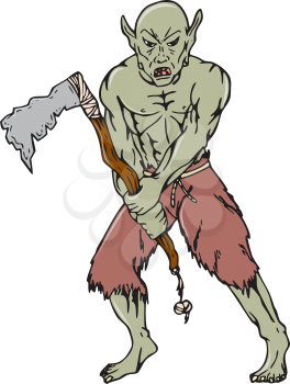 Cartoon style illustration of an orc warrior wielding a tomahawk viewed from front on isolated background.