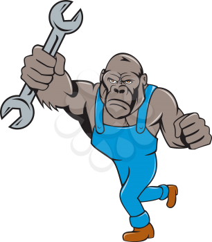 Illustration of an angry gorilla ape mechanic standing with spanner punching facing front set on isolated white background done in cartoon style. 