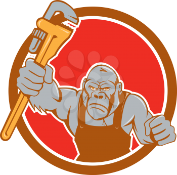 Illustration of an angry gorilla ape plumber with monkey wrench punching facing front set inside circle on isolated background done in cartoon style. 