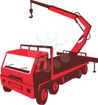 vector illustration of a truck mounted hydraulic crane cartage with hydraulic boom hoist done in retro style viewed from a high angle.
