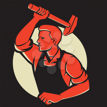 Illustration of a worker with hammer striking viewed from side done in retro style.