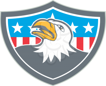 Illustration of an american bald eagle head looking up viewed from the side with american stars and stripes flag in the background set inside shield crest done in cartoon style. 