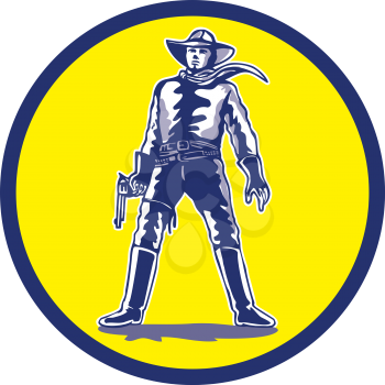 Illustration of a cowboy standing with pistol facing front set inside circle on isolated background done in cartoon style. 