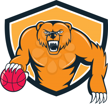 Illustration of a grizzly bear angry growling dribbling basketball viewed from front set inside shield crest on isolated background done in cartoon style. 
