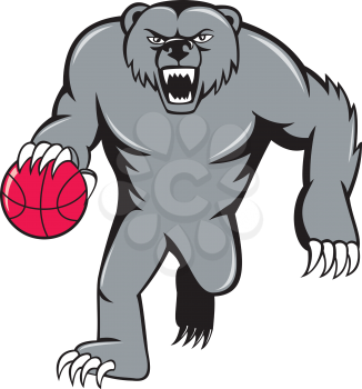 Illustration of a grizzly bear angry growling dribbling basketball viewed from front set on isolated white background done in cartoon style. 