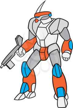 Cartoon style illustration of a mecha robot holding gun viewed from front in an isolated background.