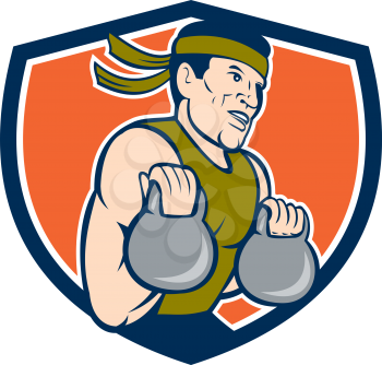 Illustration of a crossfit athlete muscle-up lifting kettlebell workout exercise facing side set inside shield crest shape done in cartoon style on isolated background