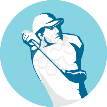 Stencil style illustration of a golfer playing golf swinging club teeing off set inside circle on isolated background.