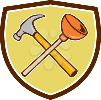 Illustration of a carpenter's hammer and plumber's plunger tools crossed set inside shield crest on isolated background done in cartoon style.  