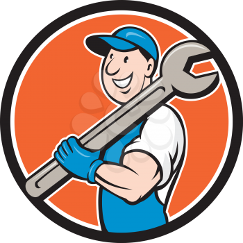 Illustration of a mechanic smiling holding spanner wrench on shoulder set inside circle on isolated background done in cartoon style.