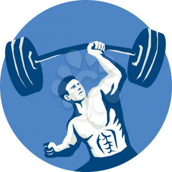 Illustration of a strongman weightlifter muscular guy lifting barbell weight with one hand viewed from front set inside circle done in stencil style. 