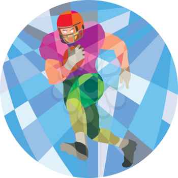Low polygon style illustration of an american football gridiron player holding ball running rushing viewed from front set inside circle.