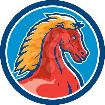 Illustration of a colt horse head viewed from the side set inside circle on isolated background done in retro style.