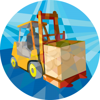 Low polygon style illustration of a forklift truck and driver at work lifting handling box crate viewed from front set inside circle on isolated background. 