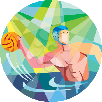 Low polygon style illustration of a water polo player throwing ball viewed from the side set inside circle.