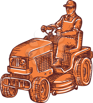 Etching engraving handmade style illustration of a gardener riding ride-on mower mowing set on isolated white background. 
