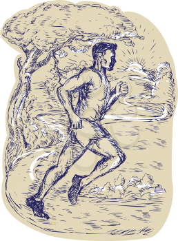 Drawing illustration of a marathon runner running viewed from the side with road trees mountain sun in the background. 