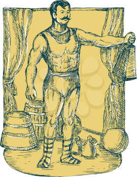 Drawing illustration of a strongman circus performer lifting weight on stage with curtain dumbbell barbell in the background. 