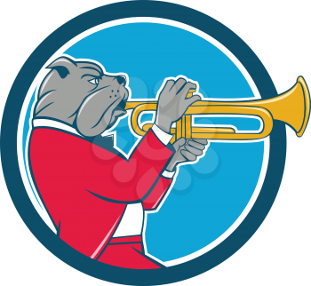 Illustration of a bulldog in a suit blowing trumpet viewed from the side set inside circle on isolated background done in cartoon style. 