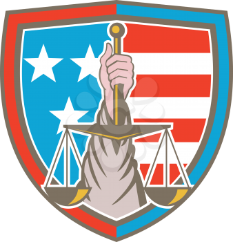 Illustration of a hand holding scales of justice viewed from front set inside shield crest with usa stars and stripes in the background done in retro style.