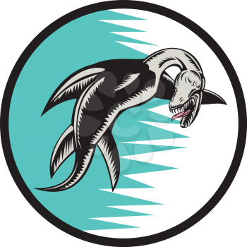 Illustration of a sea serpent swimming set inside circle done in retro woodcut style. 