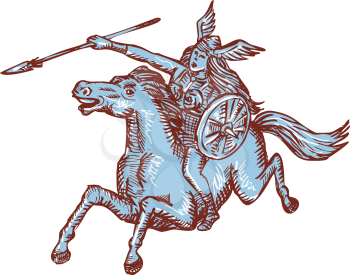 Etching engraving handmade style illustration of valkyrie of Norse mythology female  amazon rider warrior riding horse with spear set on isolated white background. 