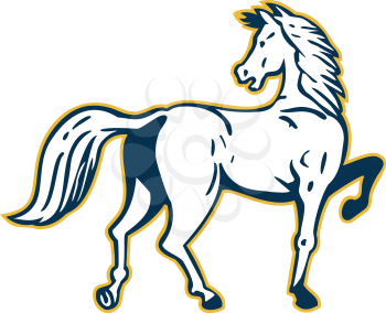 Illustration of a horse prancing viewed from rear set on isolated white background done in retro style. 