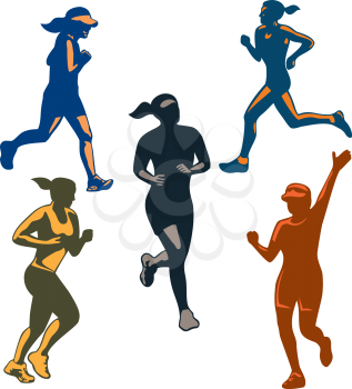 Illustration of set or collection of female marathon triathlete runner running winning finishing race on isolated background done in retro style.