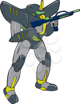 Cartoon style illustration of a mecha robot holding gun viewed from front in an isolated background.