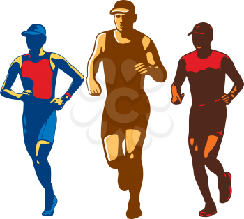 Illustration of a set or collection of triathlete marathon runner running facing front done in retro style on isolated background.