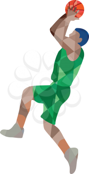 Low polygon style illustration of a basketball player jump shot jumper shooting jumping viewed from the side set on isolated background. 