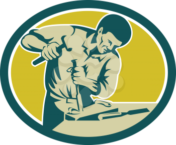 Illustration of a carpenter holding hammer and chisel chiseling viewed from the side set inside oval shape on isolated background done in retro style. 
