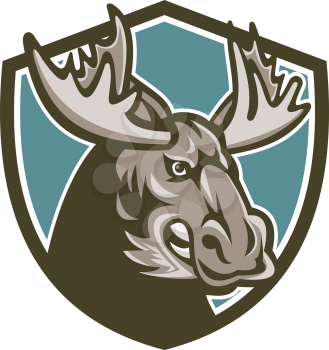 Illustration of an angry moose head set inside shield done in retro style on isolated background.