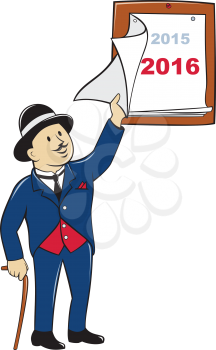 Illustration of an old man wearing bowler hat with cane peeling off a page of calendar showing 2015 and 2016 on isolated white background done in cartoon style.