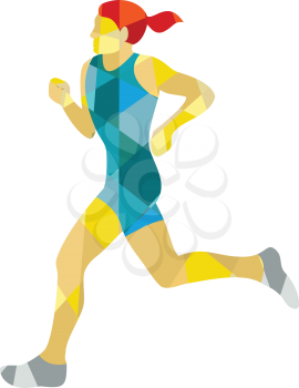 Low polygon style illustration of female marathon triathlete runner running viewed from the side set on isolated white background.