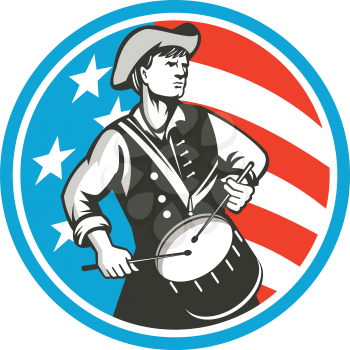 Illustration of an american patriot drummer looking to the side viewed from front, set inside circle with usa stars and stripes flag in the background done in retro style. 