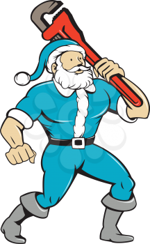 Illustration of a muscular santa claus saint nicholas father christmas carrying monkey wrench wearing blue suit looking to the side set on isolated white background done in cartoon style. 