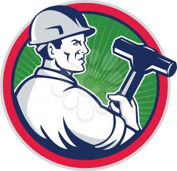 Illustration of a demolition worker wearing hardhat holding sledgehammer viewed from the side set inside circle with sunburst in the background done in retro style. 