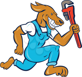 Illustration of a dog plumber holding monkey wrench running viewed from the side set on isolated white background done in cartoon style.