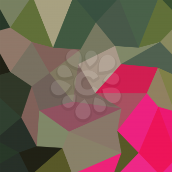 Low polygon style illustration of a cerise red green abstract geometric background.